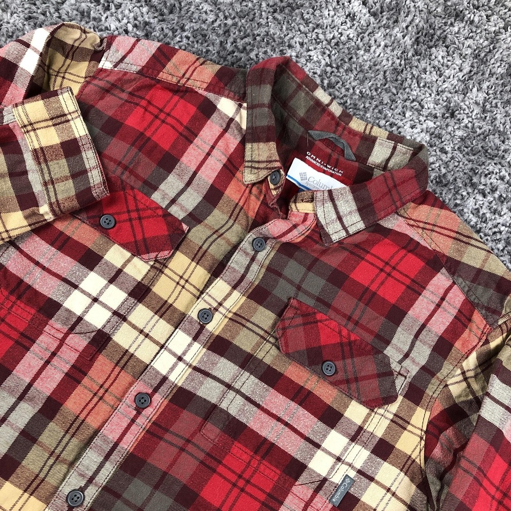 Columbia Shirt Mens Large Red Plaid Flannel Long Sleeve Button Up Omni-Wick‎